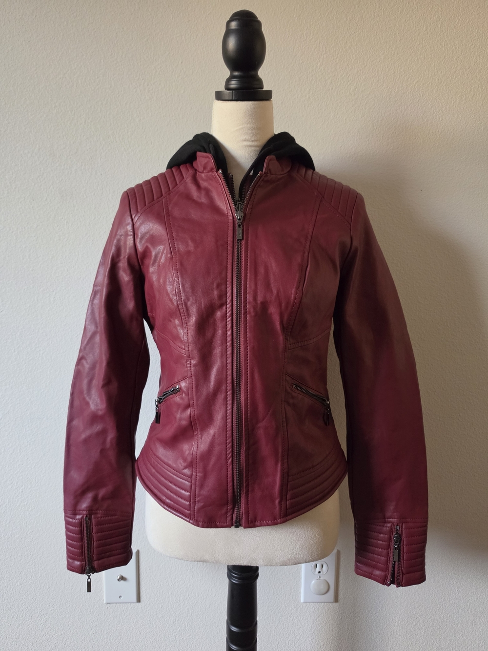 Guess Women's Burgundy Faux Leather Moto Jacket with Black Hood Size M